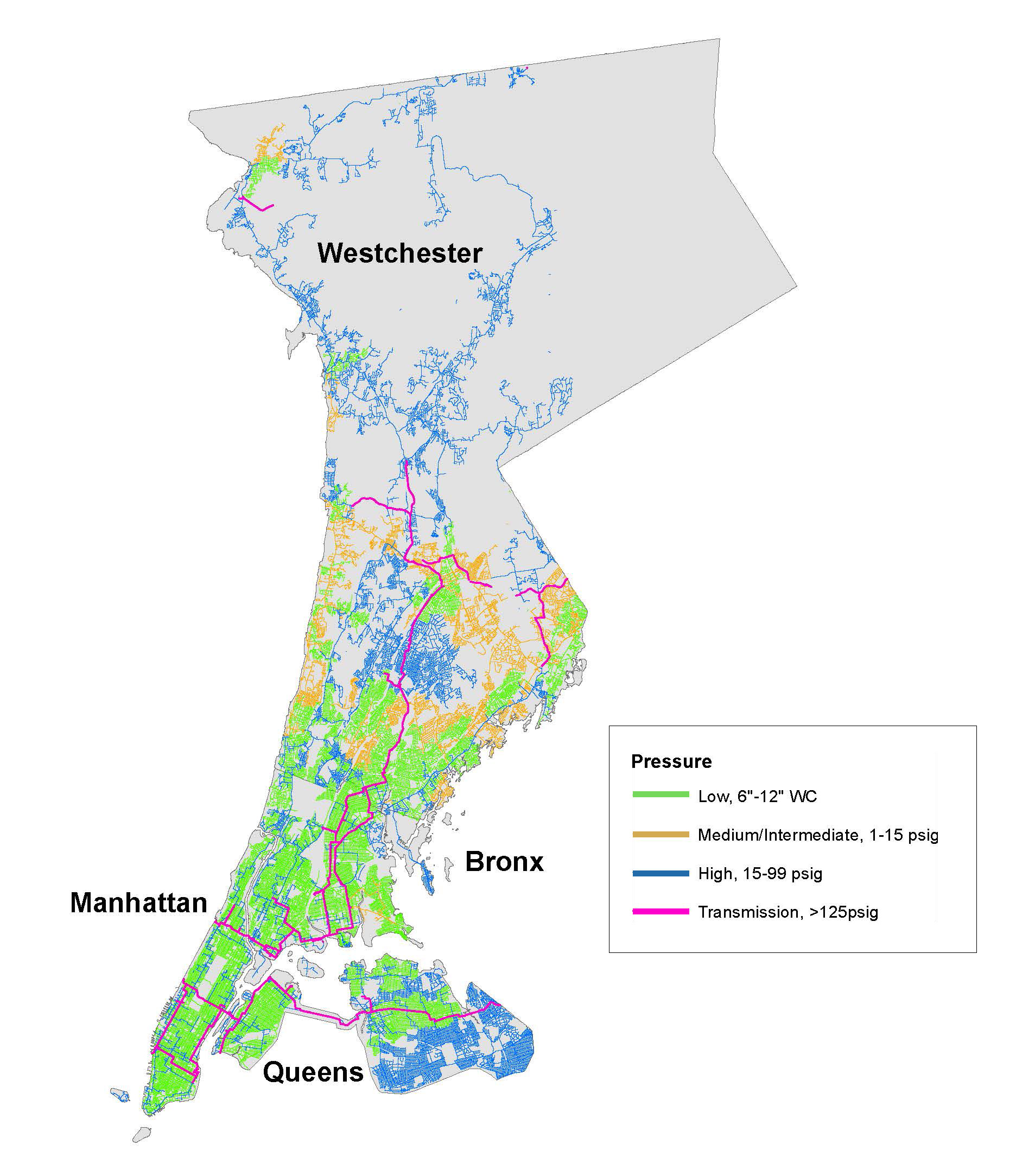 A service territory map of Manhattan, Queens, the Bronx and Westchester.