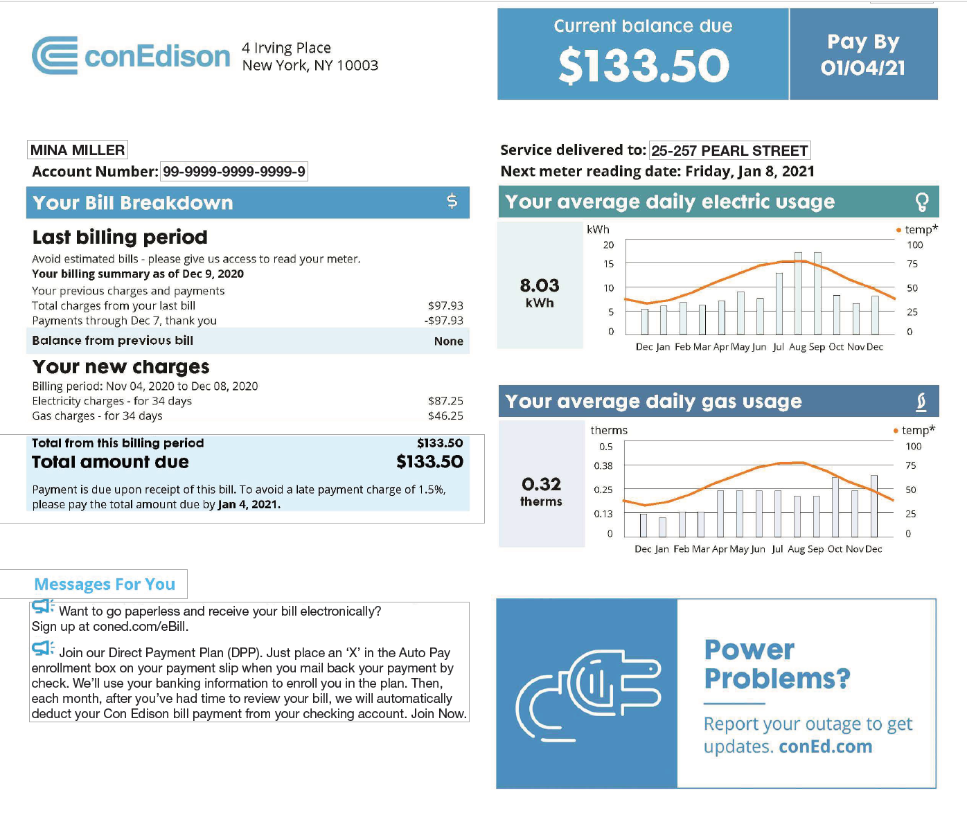 A Con Edison utilities bill showing its new format.