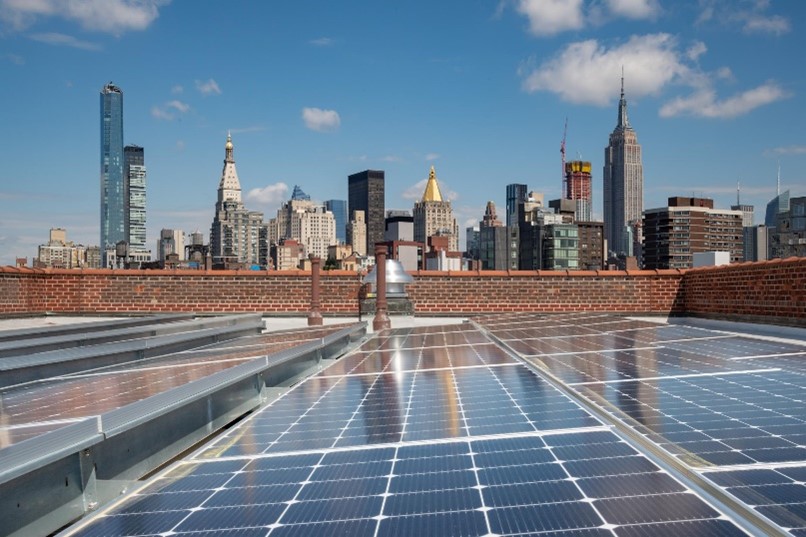 Solar panels on a rooftop in Manhattan.