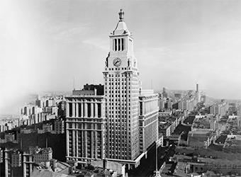 Black and white photo of Con Edison's headquarters in downtown New York City.