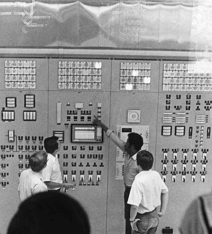 Black and white photo of Con Edison system operators at the 59th Street Generating Station.