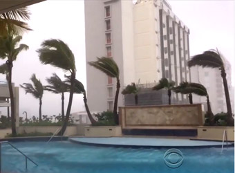 Hurricane winds blowing palm trees over at a hotel pool.