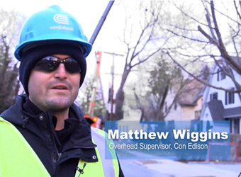 Con Edison utility worker Matthew Wiggens being interviewed about restoration efforts.