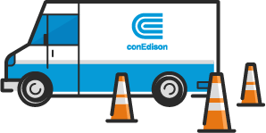 A Con Edison truck with orange construction cones