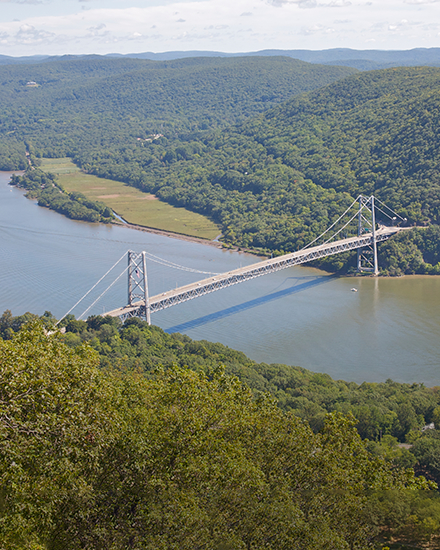 An aerial view of a bridge over a large river.