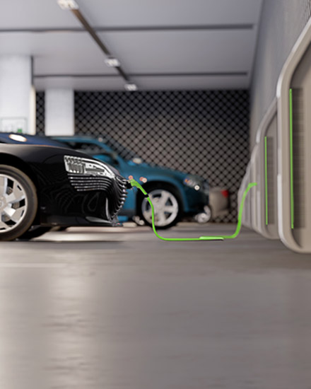 Several electric sedans are plugged into separate charging stations while parked in an indoor parking garage.