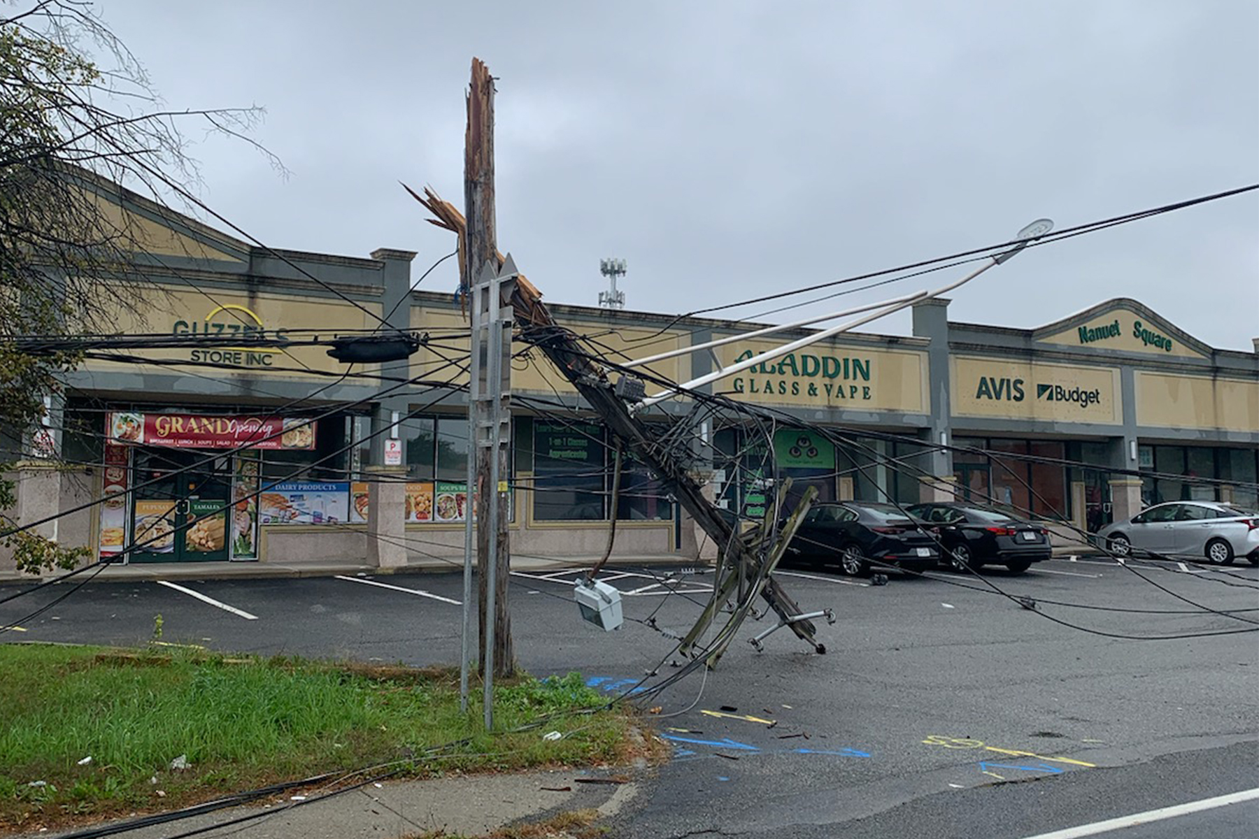 broken utility pole from car crash on Route 59